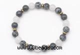 CGB8123 8mm snowflake obsidian, white jade & hematite power beads bracelet