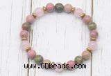 CGB8445 8mm pink wooden jasper, unakite, rose quartz & hematite power beads bracelet