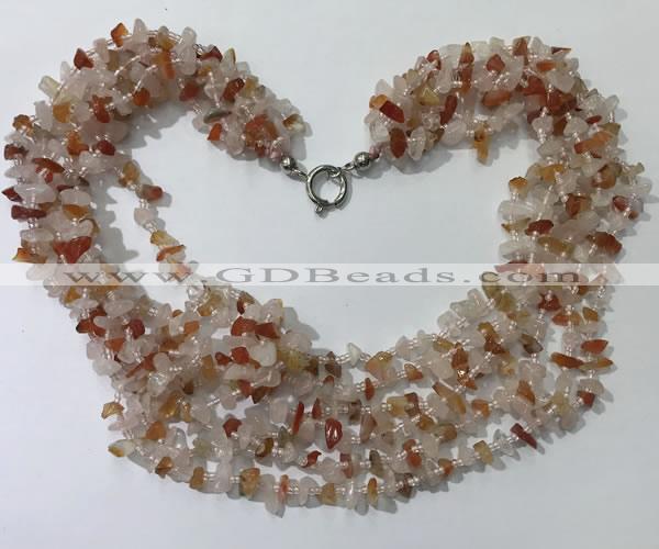 CGN723 19.5 inches stylish 6 rows red agate & rose quartz chips necklaces