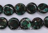 CGO141 15.5 inches 14mm flat round gold green color stone beads