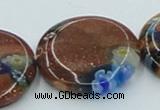 CLG555 16 inches 20mm flat round goldstone & lampwork glass beads