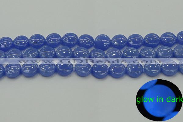 CLU172 15.5 inches 12mm flat round blue luminous stone beads