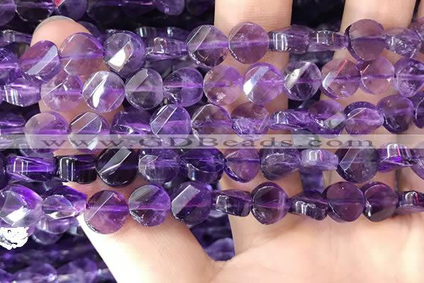 CNA1108 15.5 inches 8mm twisted & faceted coin amethyst beads