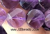 CNA1109 15.5 inches 10mm twisted & faceted coin amethyst beads