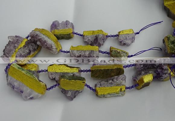 CNG5209 15.5 inches 15*20mm - 12*40mm freeform plated druzy amethyst beads