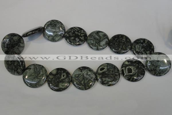 CNS425 15.5 inches 30mm flat round natural serpentine jasper beads