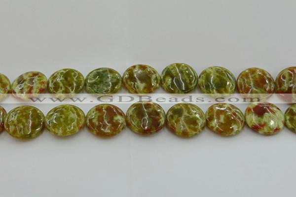 CNS627 15.5 inches 25mm flat round green dragon serpentine jasper beads