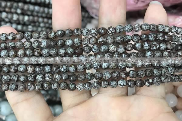 COB690 15.5 inches 4mm faceted round Chinese snowflake obsidian beads