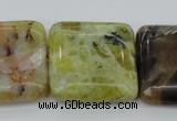 COP582 15.5 inches 30*30mm square natural yellow & green opal beads