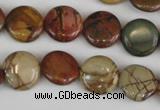 CPJ351 15.5 inches 14mm flat round picasso jasper gemstone beads