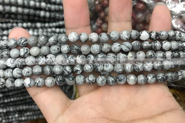 CPJ641 15.5 inches 6mm faceted round grey picture jasper beads