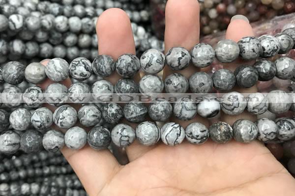 CPJ643 15.5 inches 10mm faceted round grey picture jasper beads