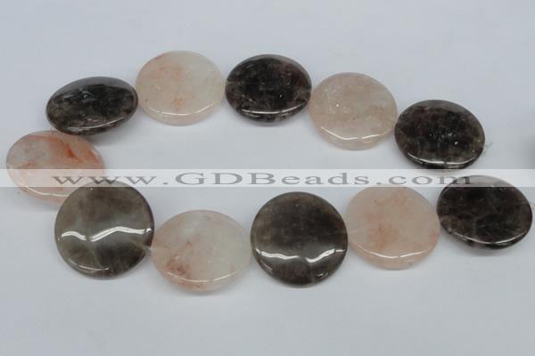 CPQ104 35mm flat round natural pink crystal & smoky quartz beads