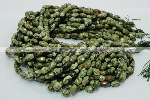 CPS66 15.5 inches 7*11mm faceted rice green peacock stone beads