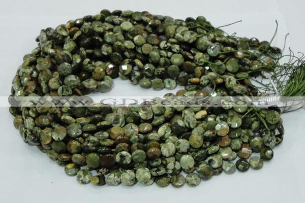 CPS83 15.5 inches 10mm faceted flat round green peacock stone beads