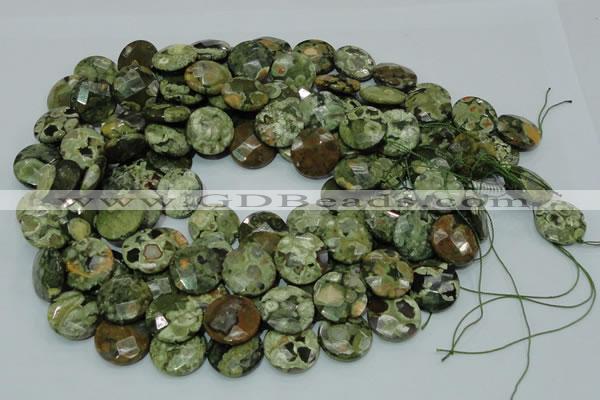 CPS87 15.5 inches 20mm faceted flat round green peacock stone beads