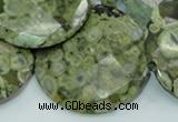 CPS93 15.5 inches 30mm faceted flat round green peacock stone beads