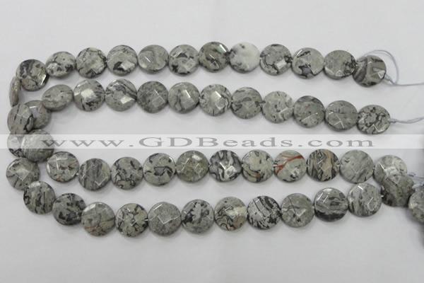 CPT125 15.5 inches 15mm faceted coin grey picture jasper beads