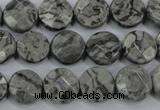 CPT140 15.5 inches 12mm faceted coin grey picture jasper beads