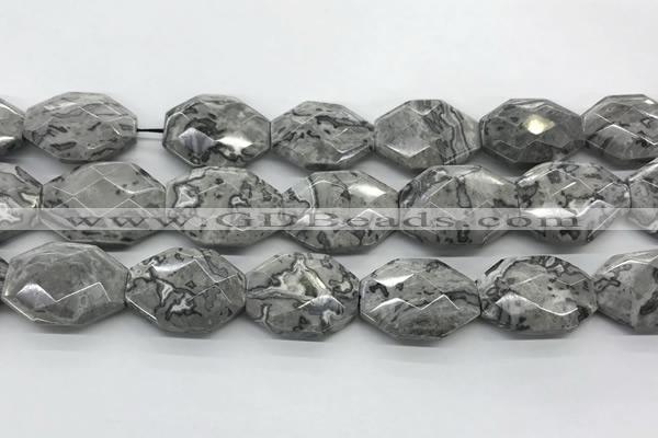 CPT580 18*25mm - 20*28mm faceted octagonal grey picture jasper beads