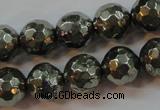 CPY107 15.5 inches 8mm faceted round pyrite gemstone beads wholesale