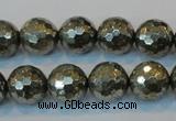 CPY110 15.5 inches 14mm faceted round pyrite gemstone beads wholesale