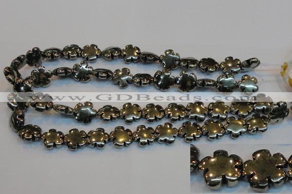 CPY164 15.5 inches 16mm carved flower pyrite gemstone beads wholesale