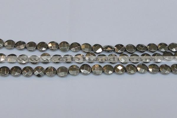 CPY627 15.5 inches 12mm faceted coin pyrite gemstone beads