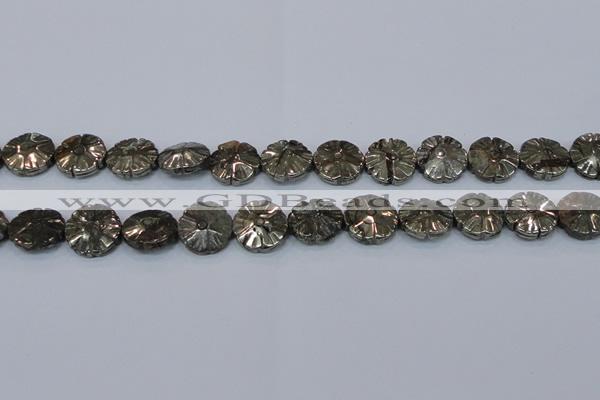 CPY660 15.5 inches 15mm carved flower pyrite gemstone beads