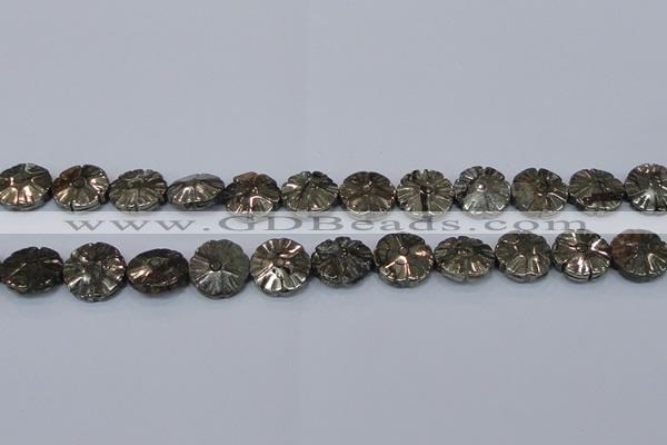 CPY661 15.5 inches 16mm carved flower pyrite gemstone beads