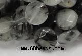 CRU04 15.5 inches 15mm faceted flat round black rutilated quartz beads