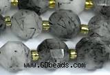 CRU1050 15 inches 9mm - 10mm faceted black rutilated quartz beads