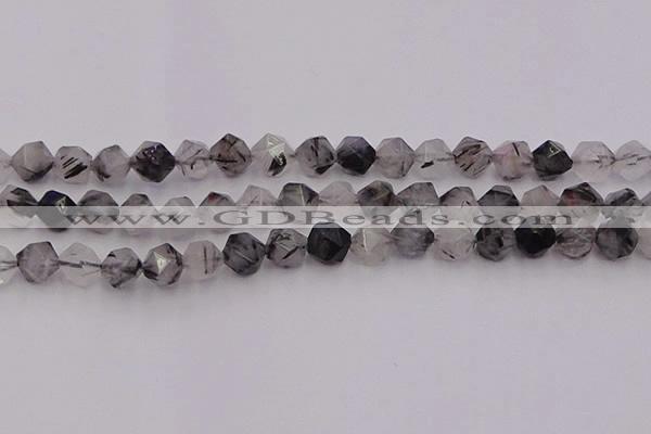 CRU513 15.5 inches 10mm faceted nuggets black rutilated quartz beads