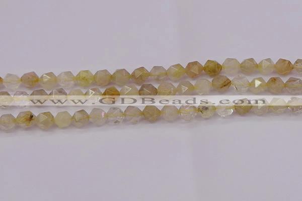 CRU622 15.5 inches 8mm faceted nuggets golden rutilated quartz beads