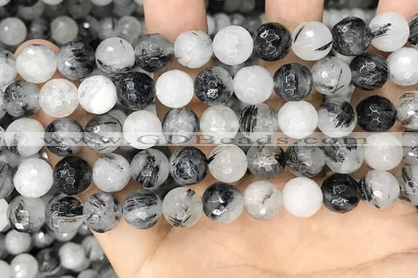 CRU968 15.5 inches 10mm faceted round black rutilated quartz beads