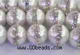 CSB1502 15.5 inches 10mm round shell pearl with rhinestone beads