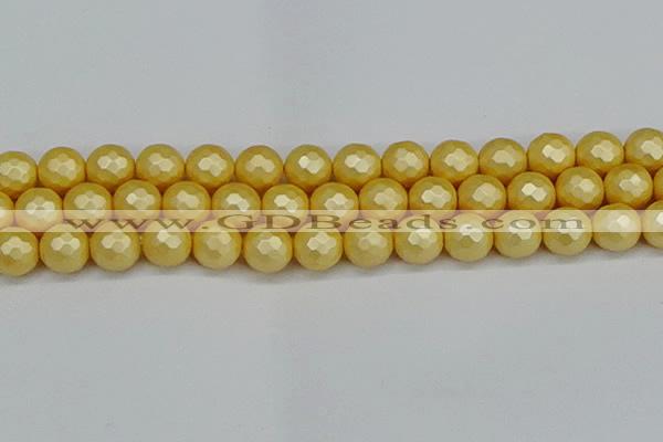 CSB1815 15.5 inches 14mm faceetd round matte shell pearl beads