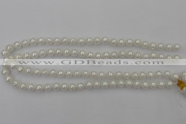 CSB425 15.5 inches 8mm round shell pearl with rhinestone beads