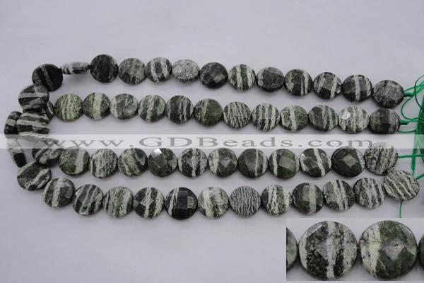 CSJ120 15.5 inches 15mm faceted coin green silver line jasper beads