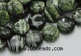 CSJ42 15.5 inches 12mm flat round green silver line jasper beads