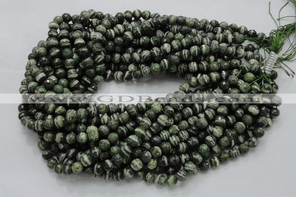 CSJ64 15.5 inches 8mm faceted round green silver line jasper beads