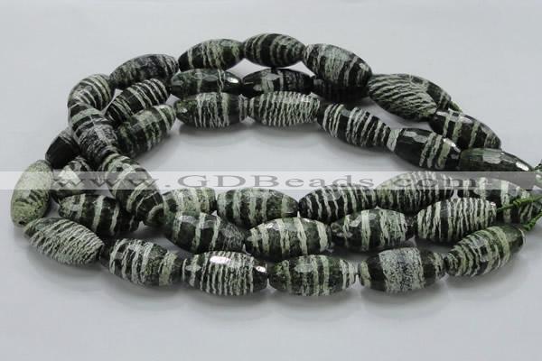 CSJ75 15.5 inches 15*30mm faceted rice green silver line jasper beads