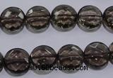 CSQ124 12mm faceted flat round grade AA natural smoky quartz beads