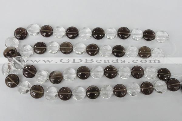 CSQ151 15.5 inches 15mm flat round white crystal & smoky quartz beads