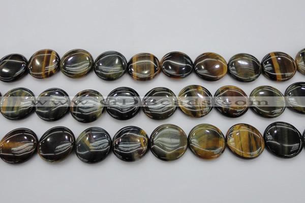 CTE1351 15.5 inches 25mm flat round yellow & blue tiger eye beads