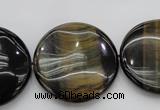 CTE1352 15.5 inches 30mm flat round yellow & blue tiger eye beads