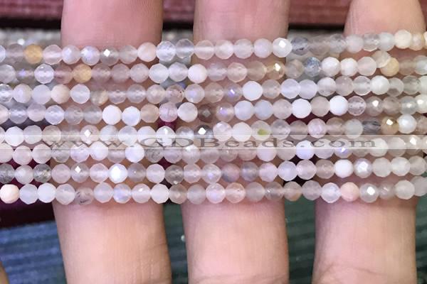 CTG1132 15.5 inches 3mm faceted round tiny rainbow moonstone beads