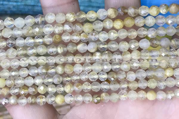 CTG1533 15.5 inches 4mm faceted round golden rutilated quartz beads