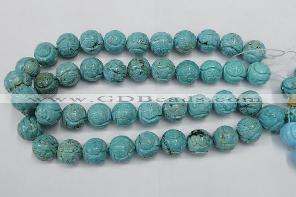 CTU884 15.5 inches 18mm carved round dyed turquoise beads