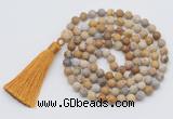 GMN1006 Hand-knotted 8mm, 10mm matte fossil coral 108 beads mala necklaces with tassel